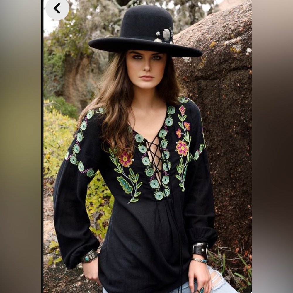 Double D Ranch “Buffalo Grass” boho peasant blouse beaded embroidered RTL $295 S
